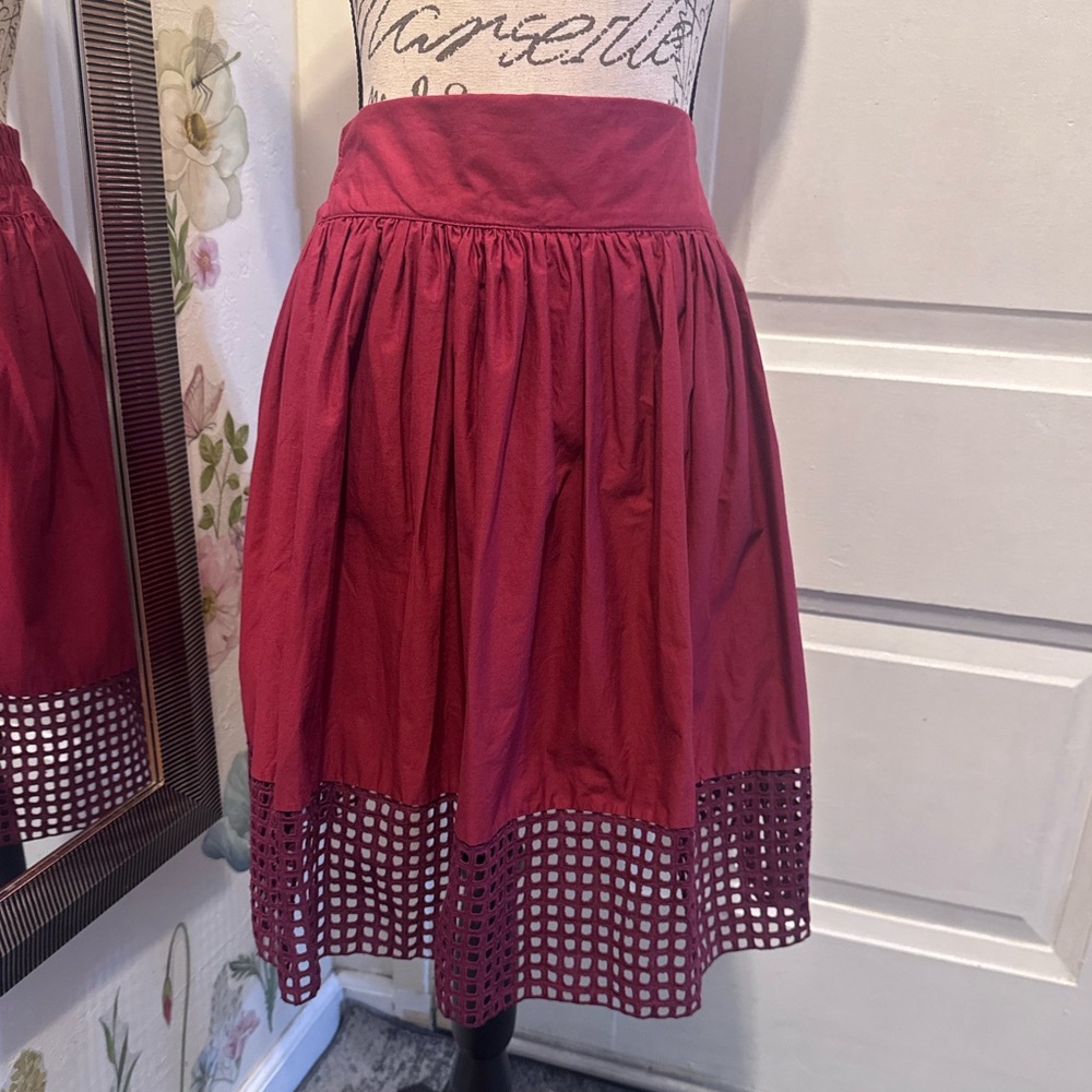 Gathered Midi Skirt with Laser-Cut Hem - Burgundy